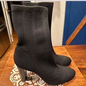 Charles David stretch fabric/knit high heel mid calf booties. Size 8.